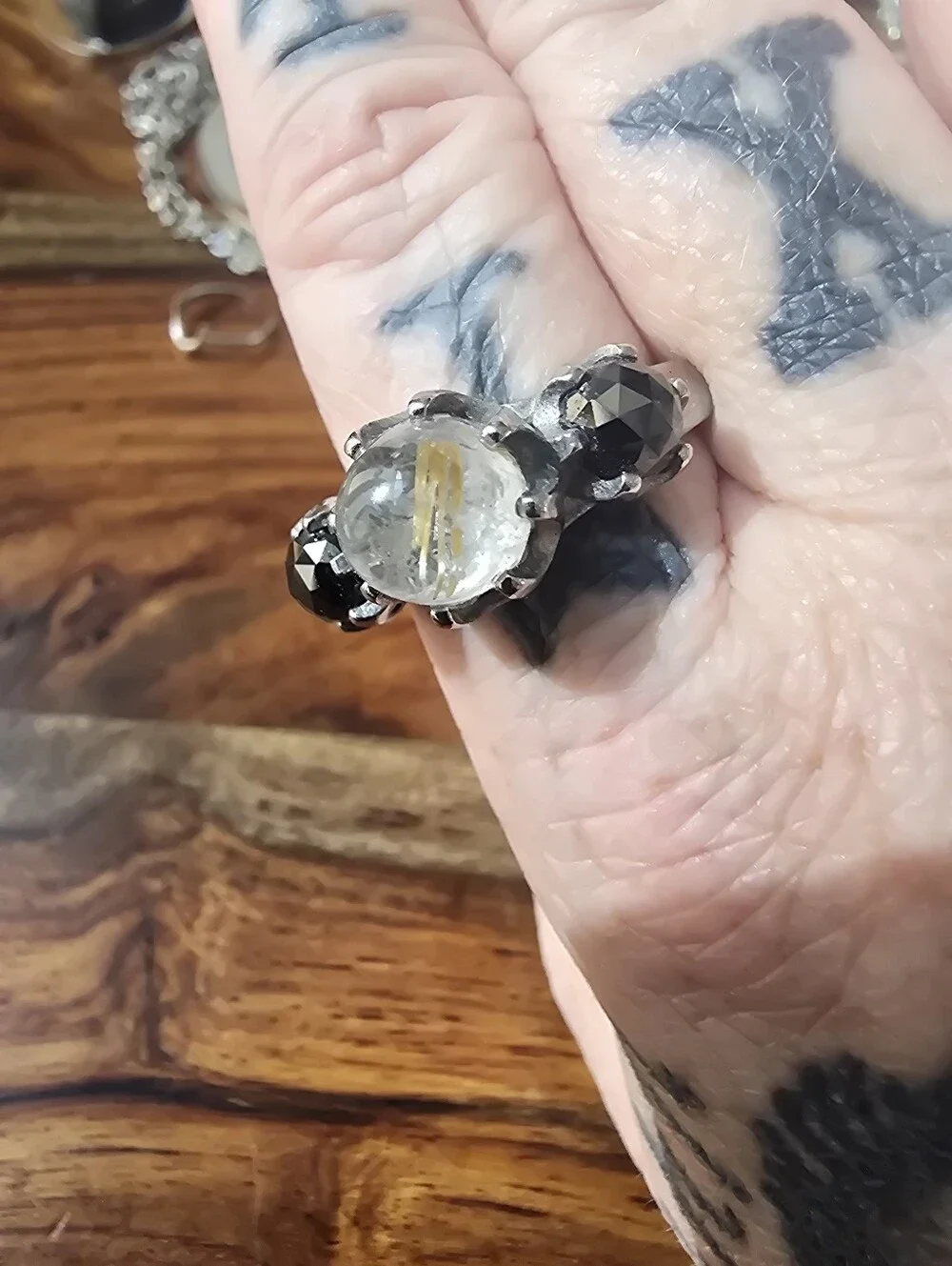 Evil Pawn Jewelry 3-stone Persephone Ring In Gold Rutile And Obsidian